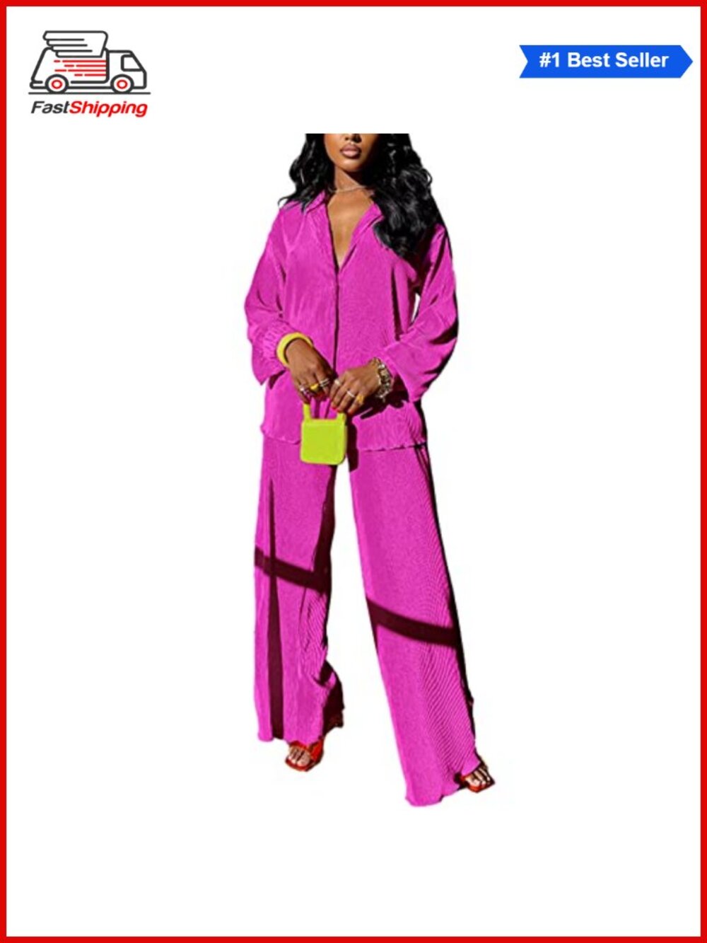 โจPlisse 95% Polyester 5% Elastane 2 Piece Shirt & Wide Leg Pant Set